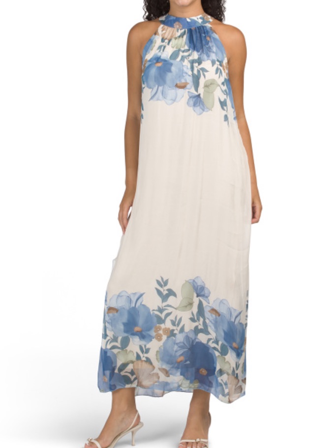 New Europa Cream Halter Floral Maxi Dress With Blue Blooms